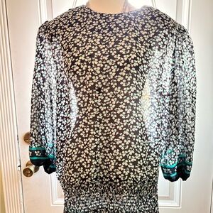 Vintage Floral Sheer Blouse with Black and Green Details